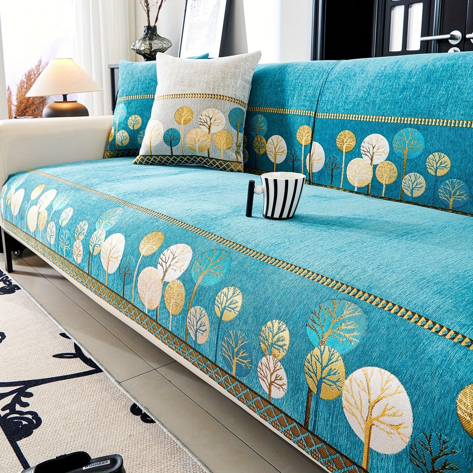 Boho Thick Chenille Fabric Sofa Cover with Tree Embroidery and Active Printing - topspet