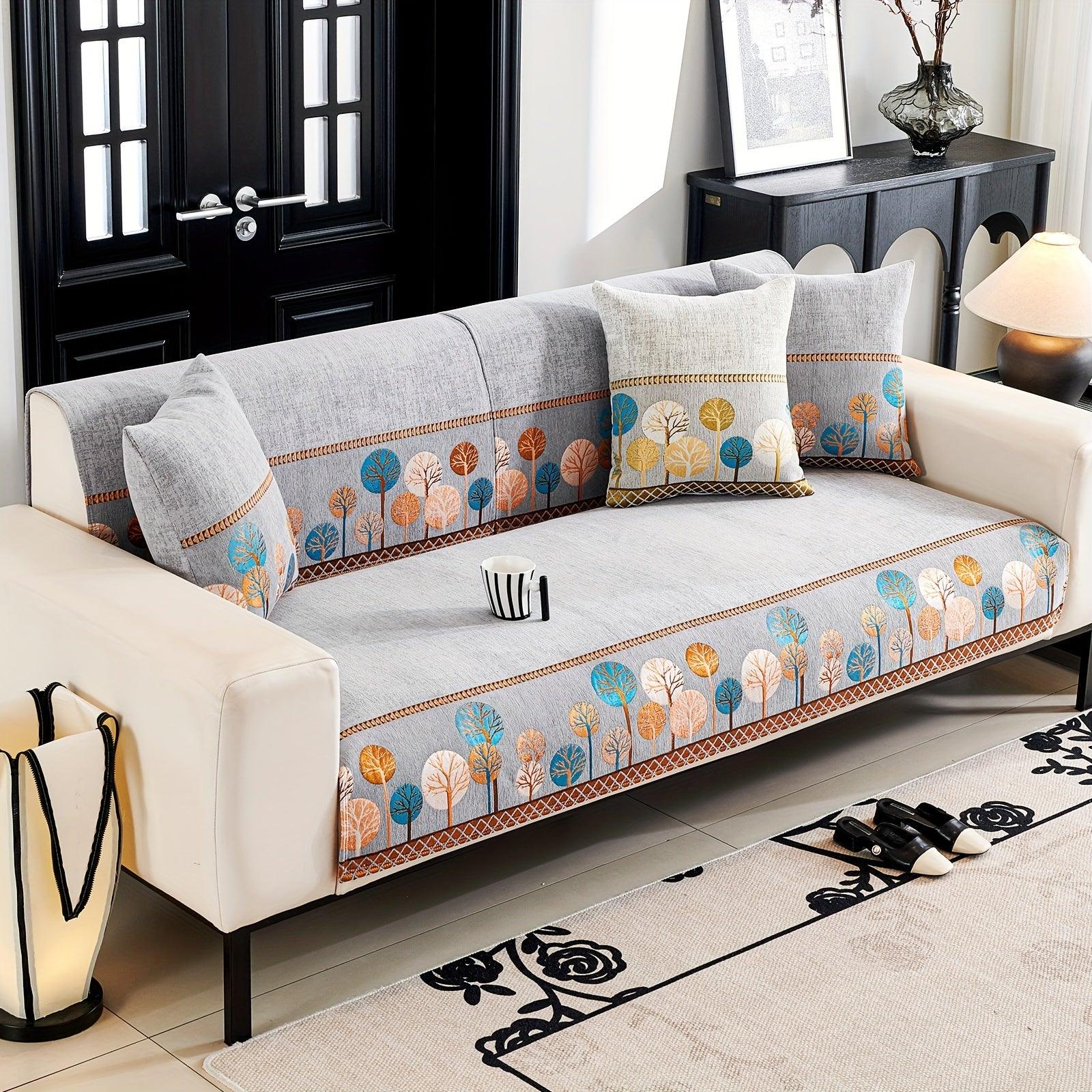 Boho Thick Chenille Fabric Sofa Cover with Tree Embroidery and Active Printing - topspet