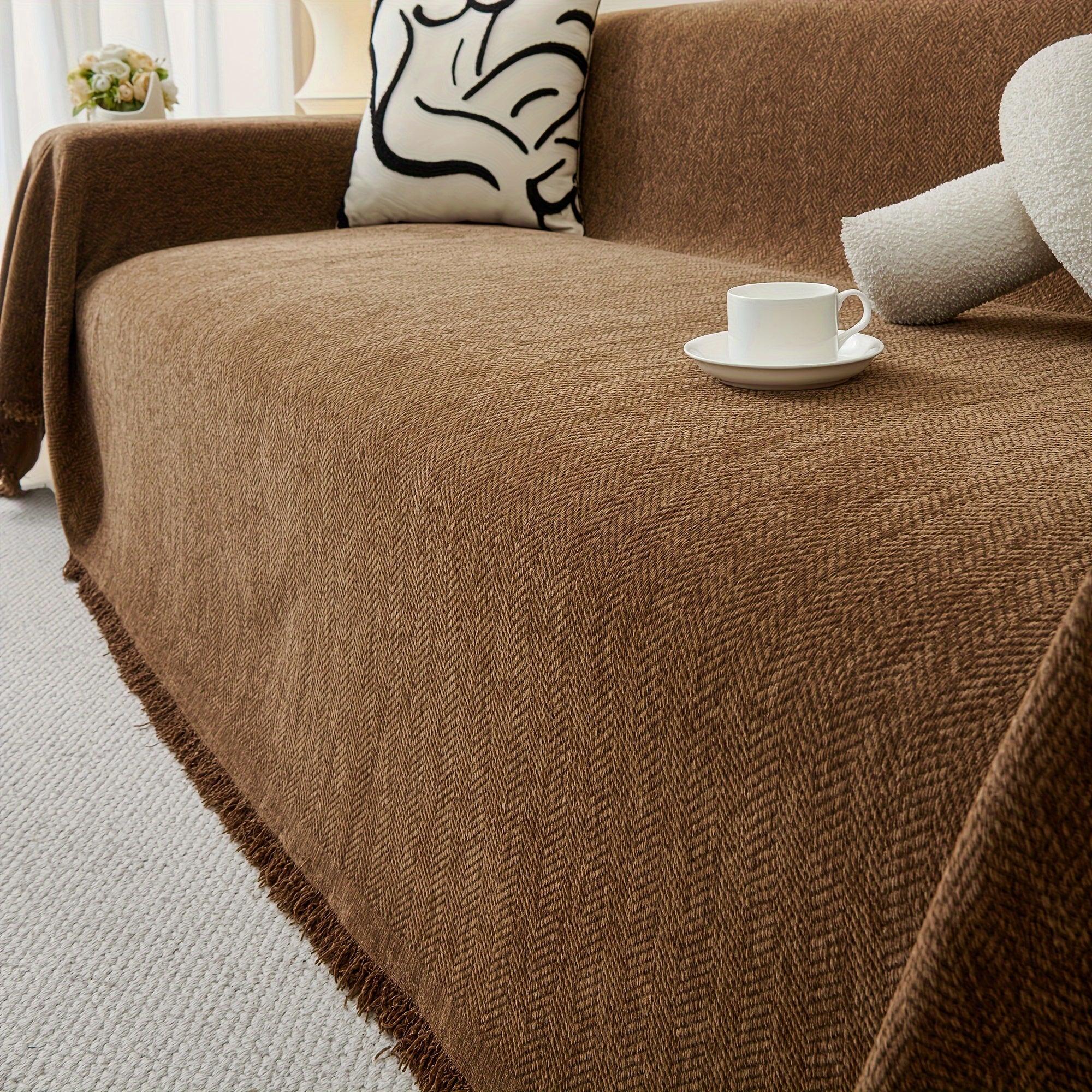 Classic Herringbone Chenille Sofa Throw Cover with Tassels - Machine Washable, Pet Friendly - topspet