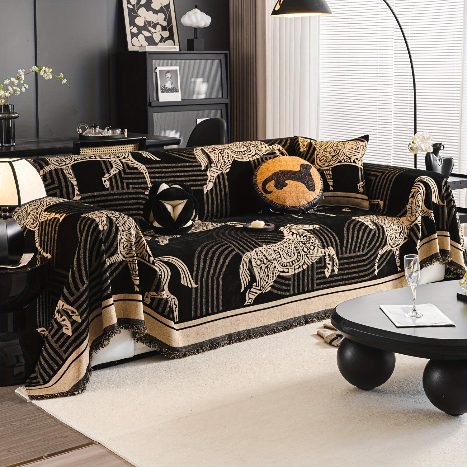 Luxurious Chenille Sofa Cover with Horse Design - Dual-Tone, Pet-Friendly & Machine Washable for Armchairs to L-Shaped Couches - Modern Home Decor Gift - topspet