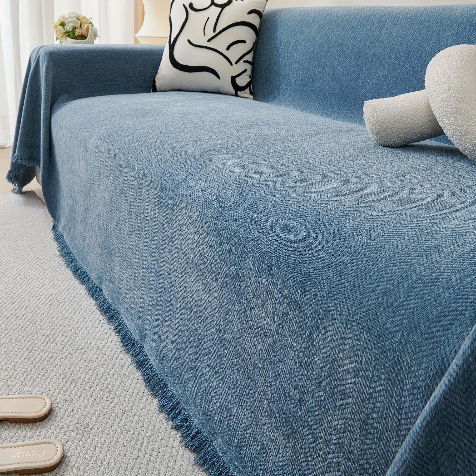 Classic Herringbone Chenille Sofa Throw Cover with Tassels - Machine Washable, Pet Friendly - topspet