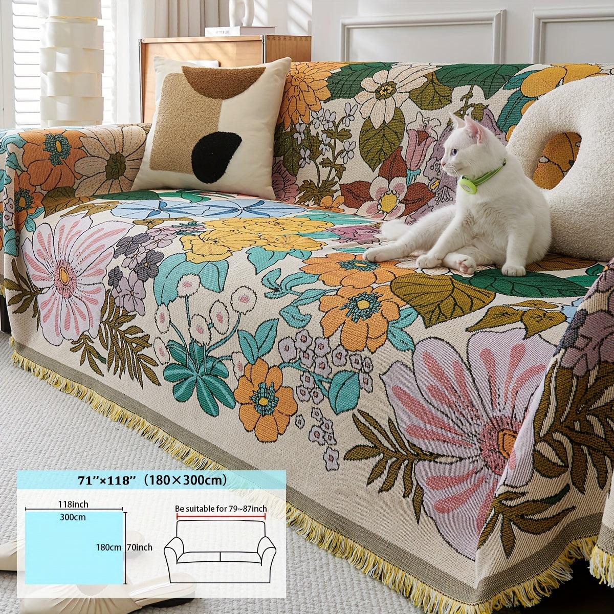 Classic Floral Pattern Sofa Throw Cover with Tassels, Washable Non-slip Multi-functional Pet-Friendly Furniture Protector for Armchairs to 4-Seater Sofas - Polyester, 350-400gsm, Season-Universal - topspet