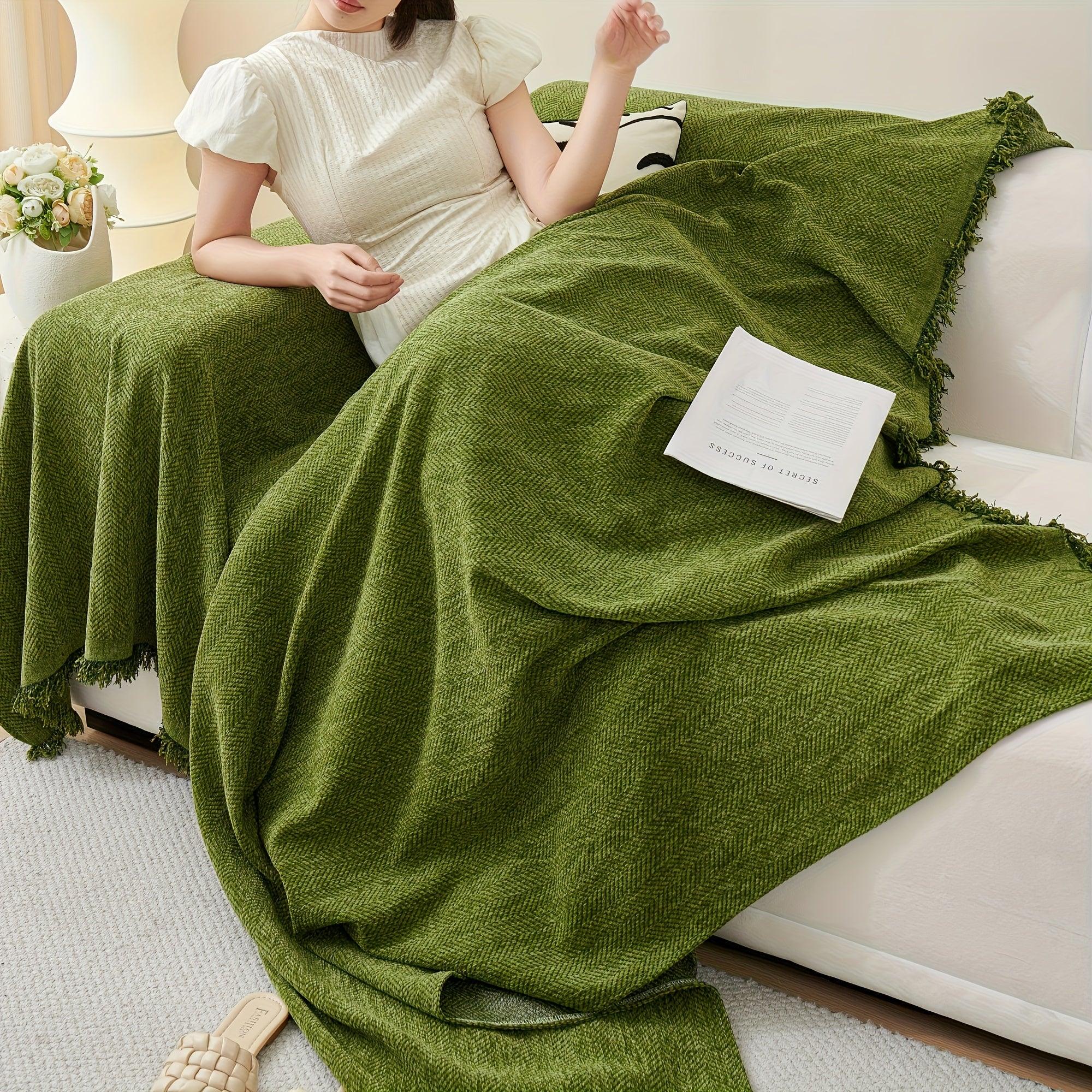 Classic Herringbone Chenille Sofa Throw Cover with Tassels - Machine Washable, Pet Friendly - topspet
