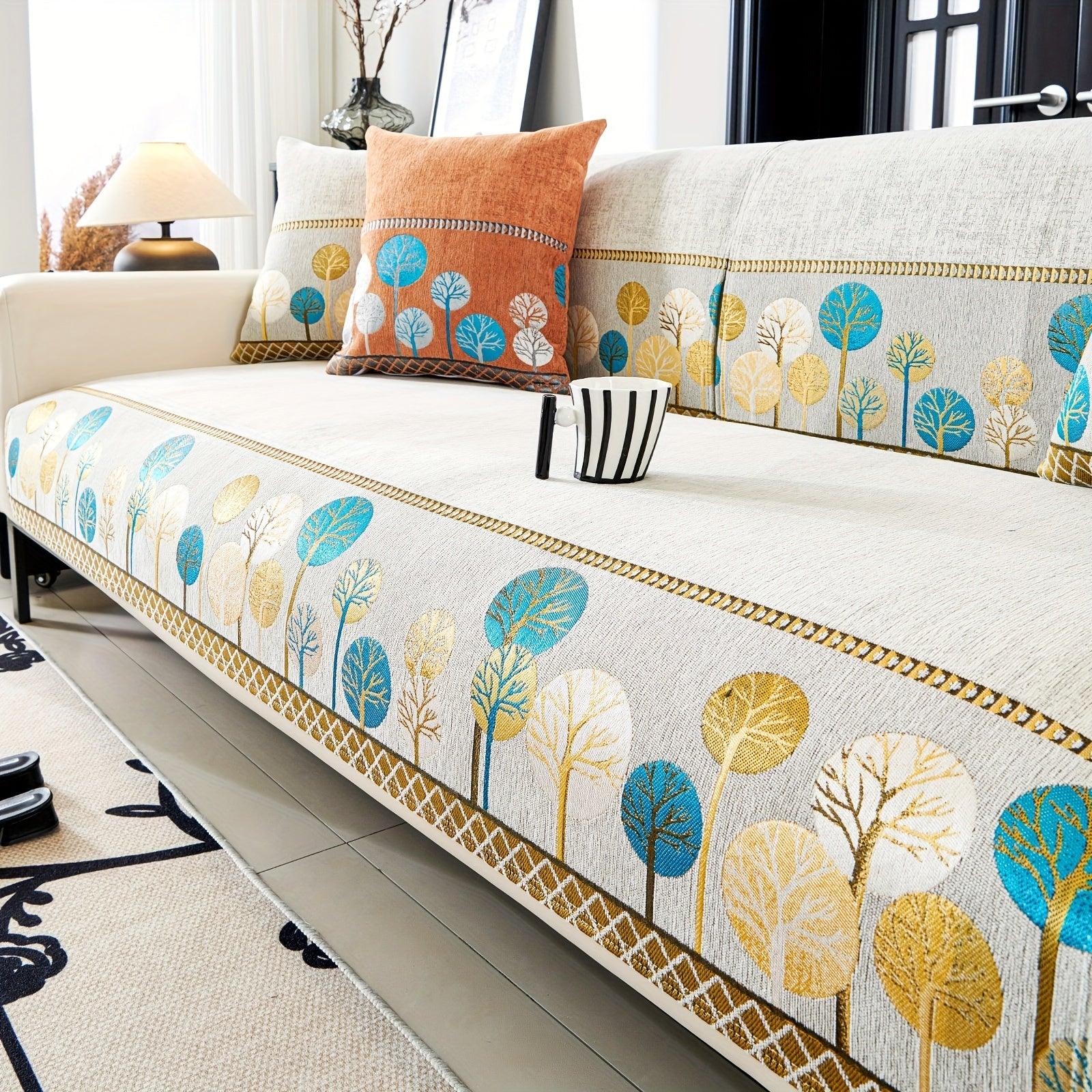 Boho Thick Chenille Fabric Sofa Cover with Tree Embroidery and Active Printing - topspet