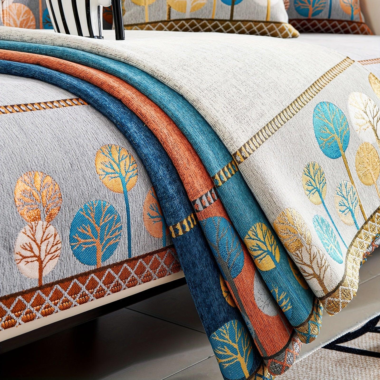 Boho Thick Chenille Fabric Sofa Cover with Tree Embroidery and Active Printing - topspet