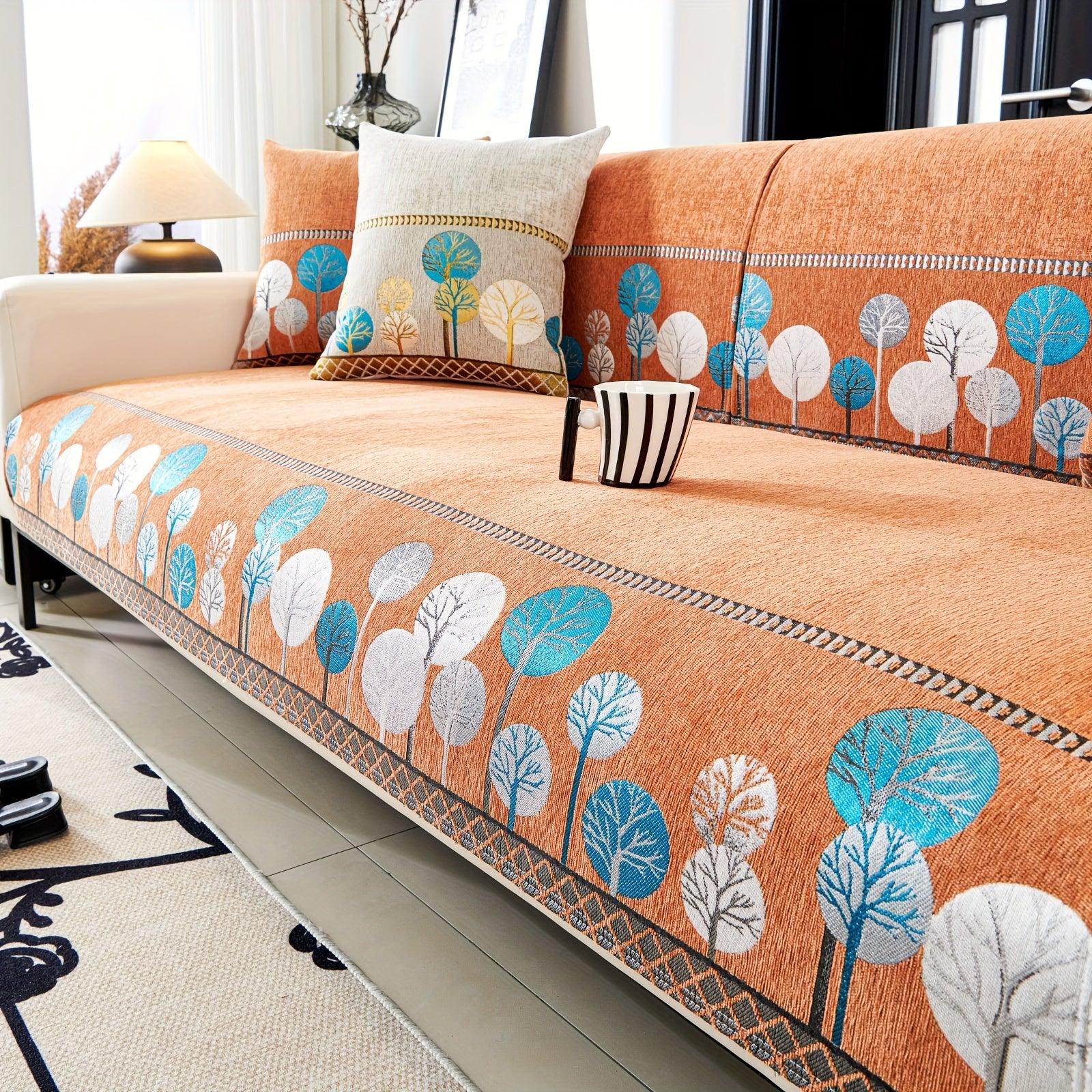 Boho Thick Chenille Fabric Sofa Cover with Tree Embroidery and Active Printing - topspet