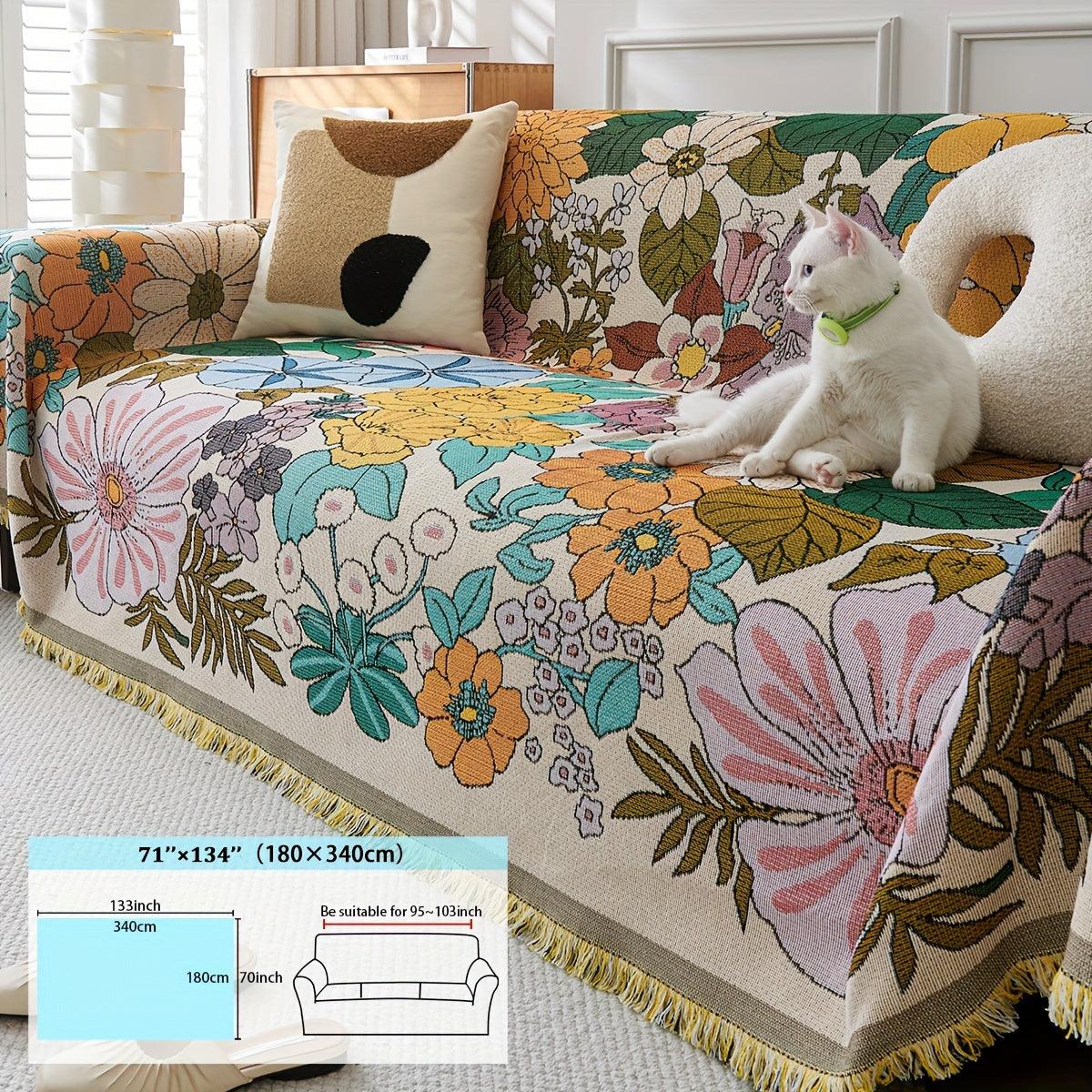 Classic Floral Pattern Sofa Throw Cover with Tassels, Washable Non-slip Multi-functional Pet-Friendly Furniture Protector for Armchairs to 4-Seater Sofas - Polyester, 350-400gsm, Season-Universal - topspet