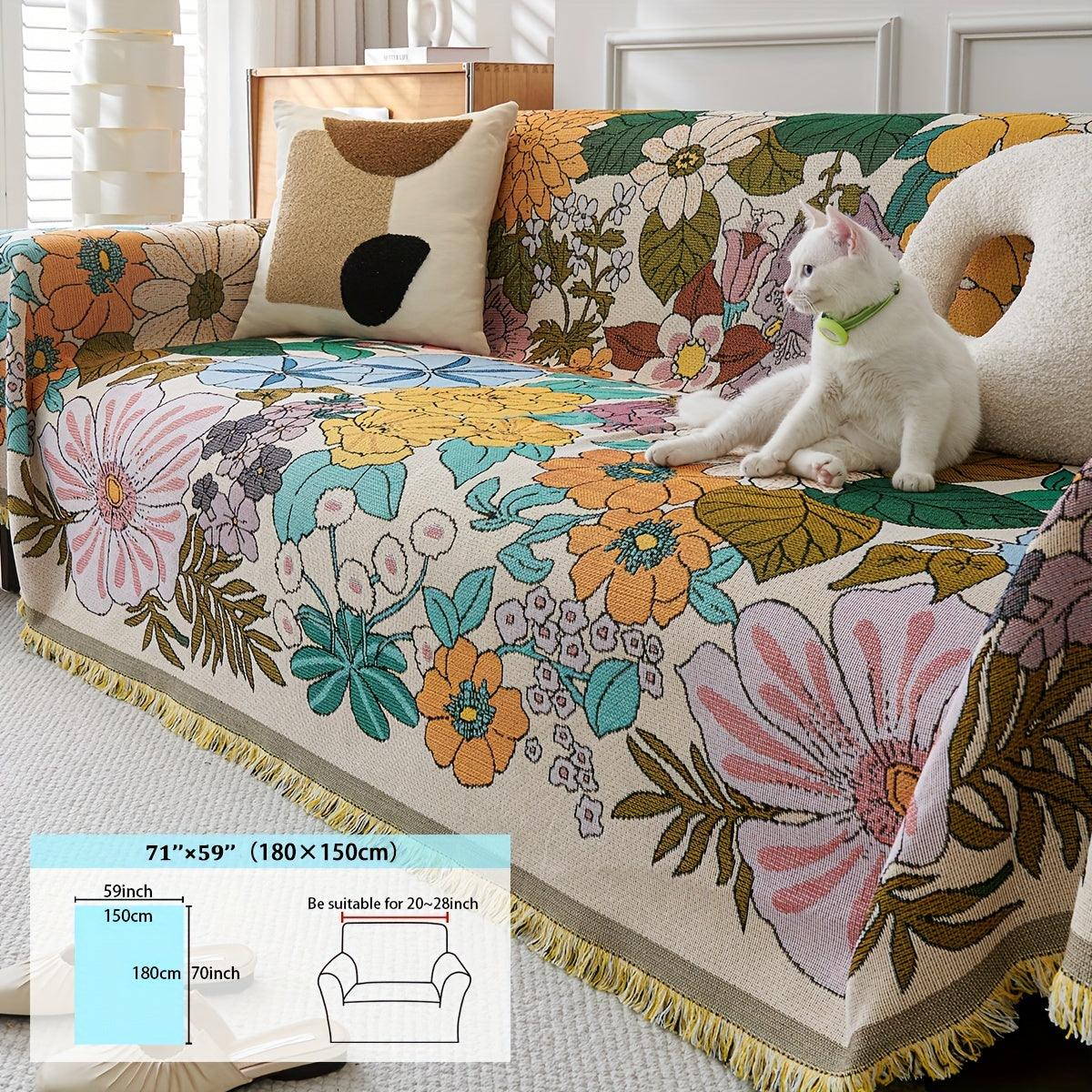 Classic Floral Pattern Sofa Throw Cover with Tassels, Washable Non-slip Multi-functional Pet-Friendly Furniture Protector for Armchairs to 4-Seater Sofas - Polyester, 350-400gsm, Season-Universal - topspet
