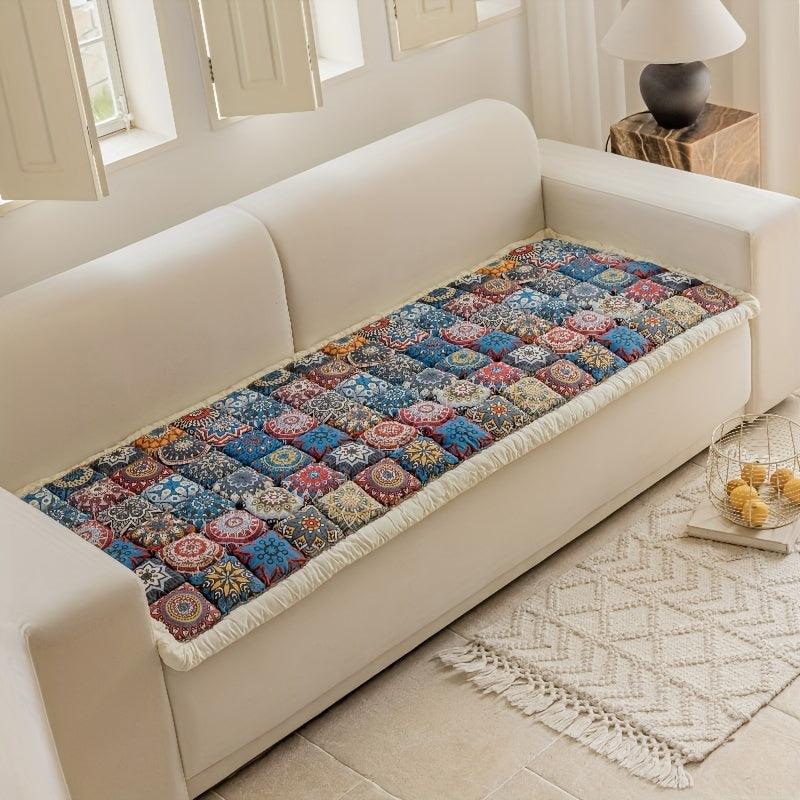 Bohemian Chic Moroccan Blue Sofa Cover - Handcrafted, Thick Non-Slip Couch Protector for All Seasons, Fits 2/3-Seater Sofas - topspet