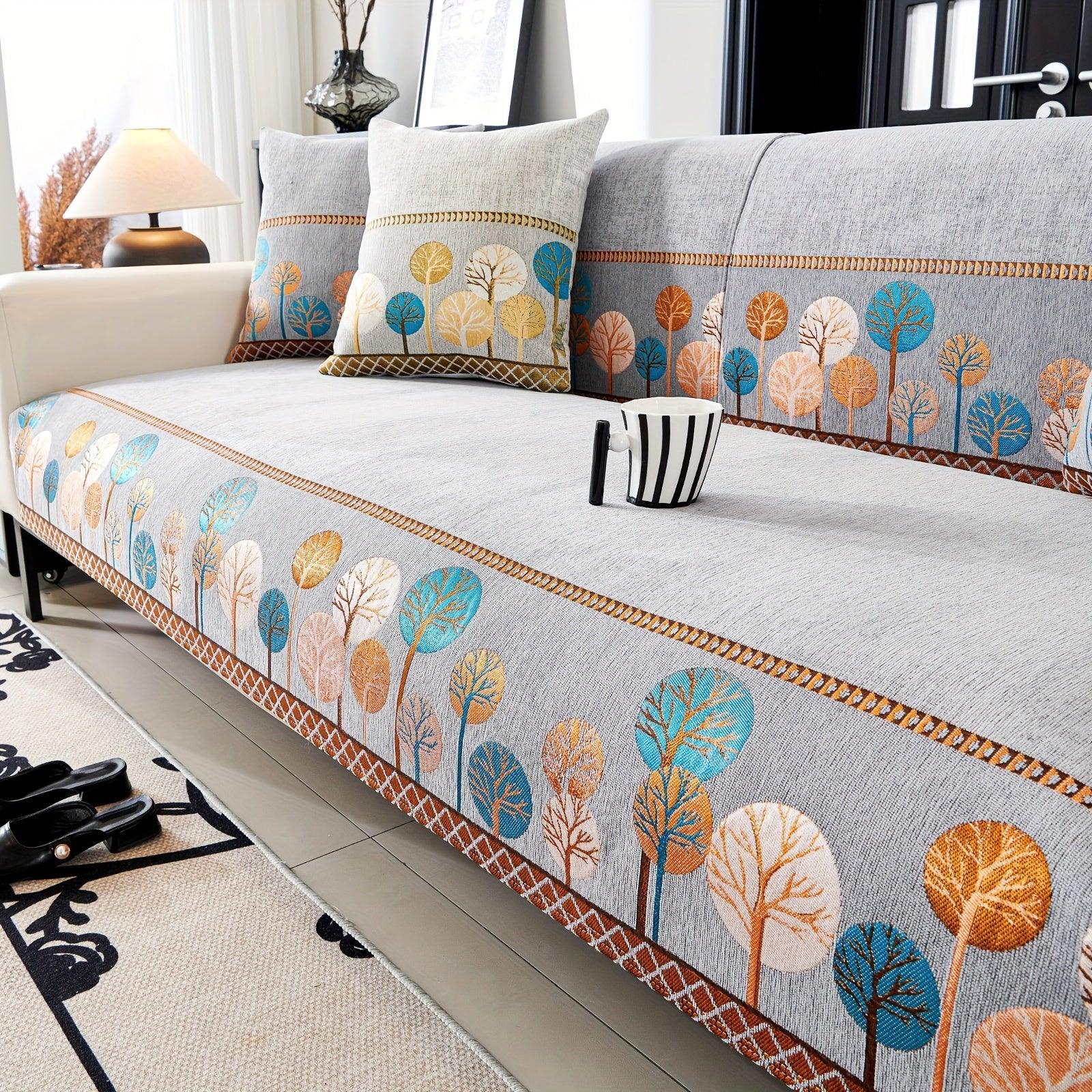 Boho Thick Chenille Fabric Sofa Cover with Tree Embroidery and Active Printing - topspet