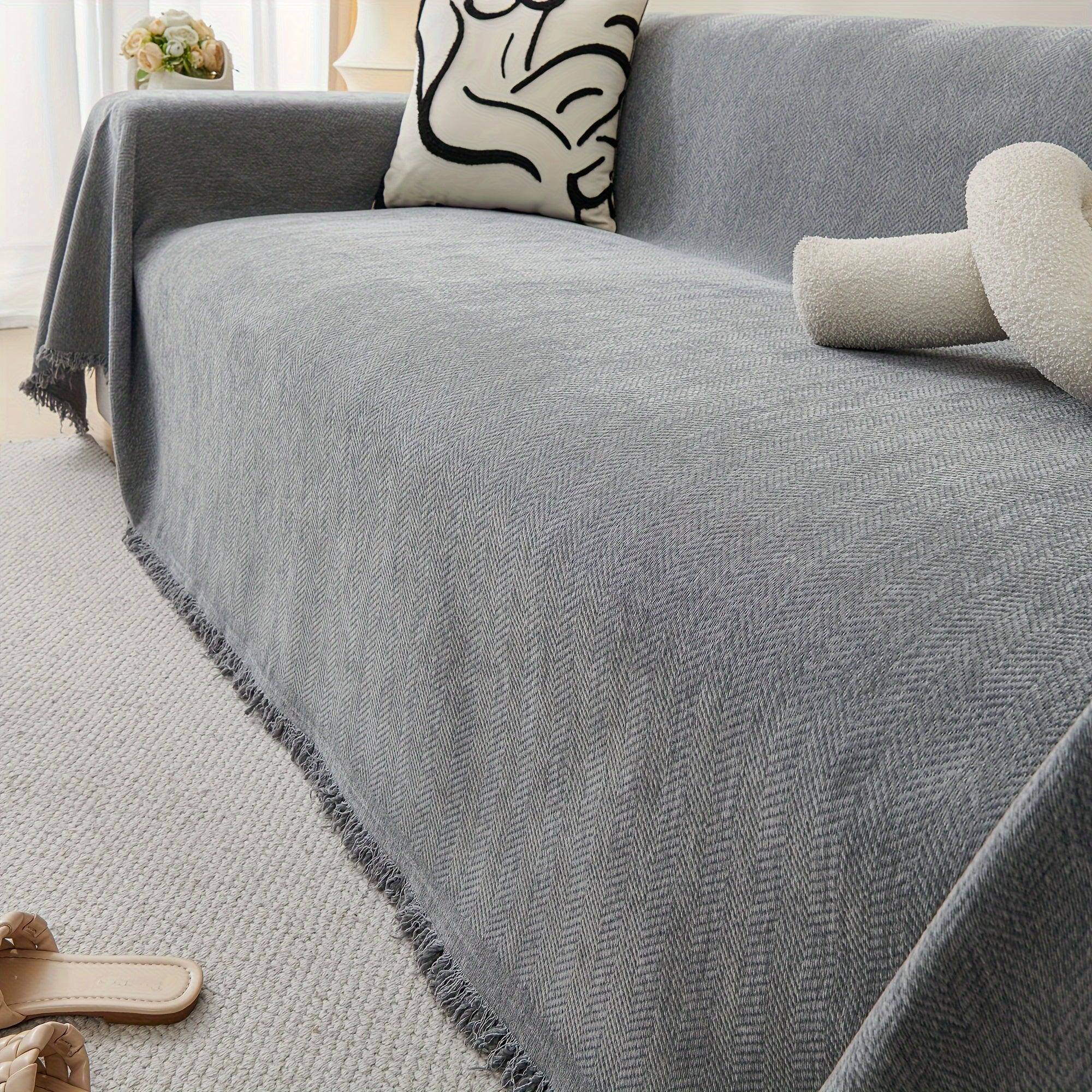 Classic Herringbone Chenille Sofa Throw Cover with Tassels - Machine Washable, Pet Friendly - topspet