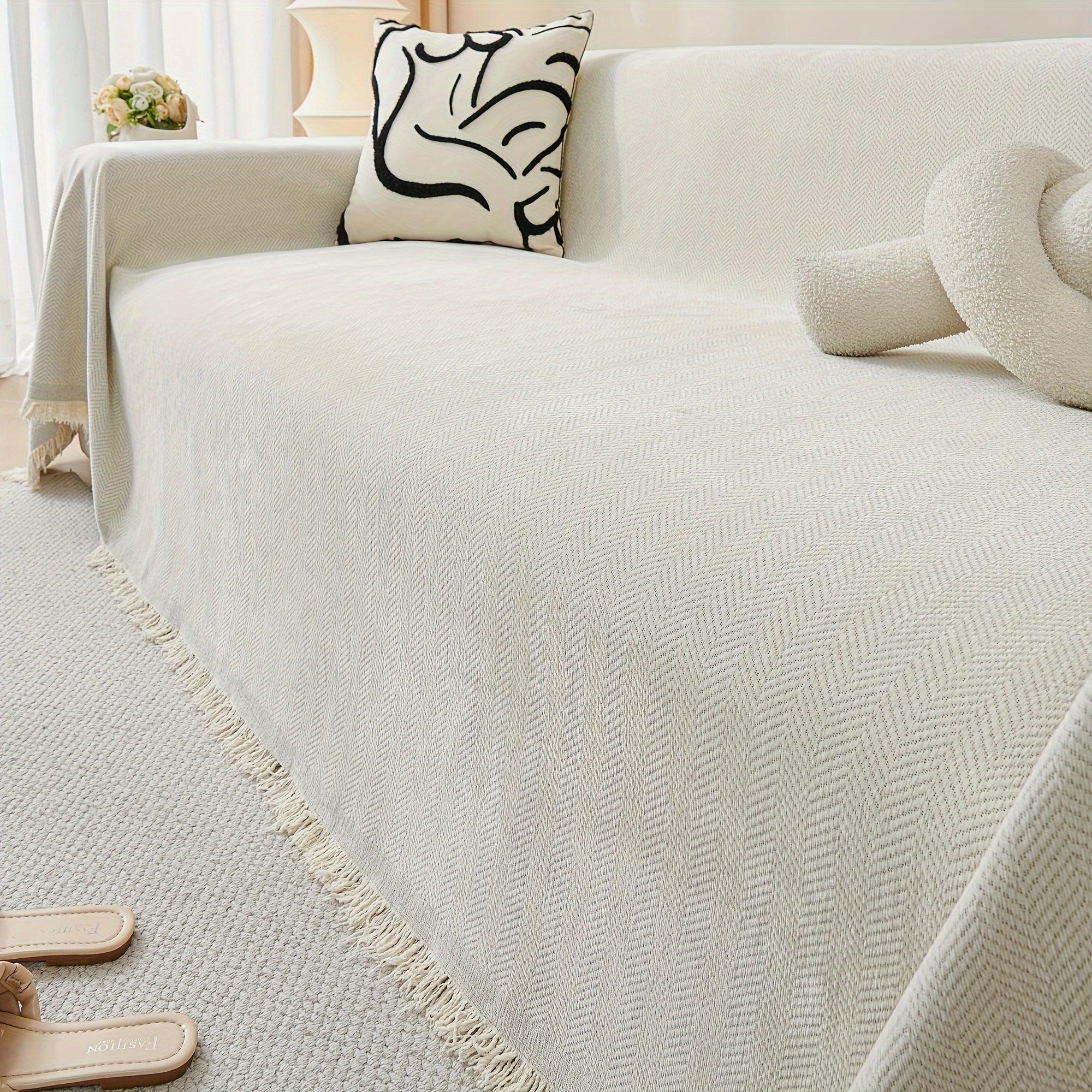Classic Herringbone Chenille Sofa Throw Cover with Tassels - Machine Washable, Pet Friendly - topspet
