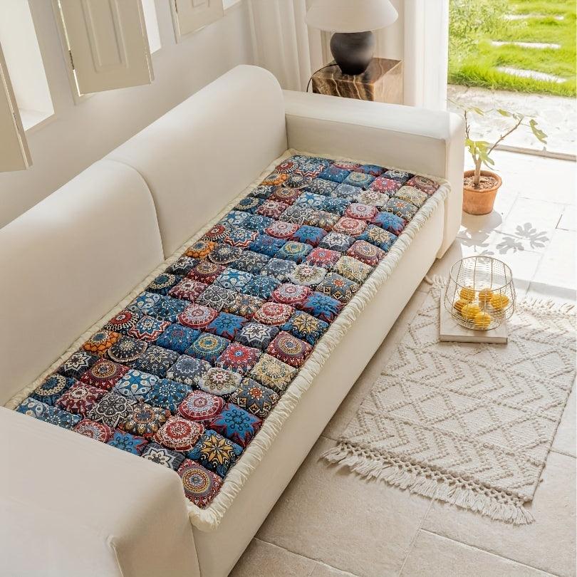 Bohemian Chic Moroccan Blue Sofa Cover - Handcrafted, Thick Non-Slip Couch Protector for All Seasons, Fits 2/3-Seater Sofas - topspet