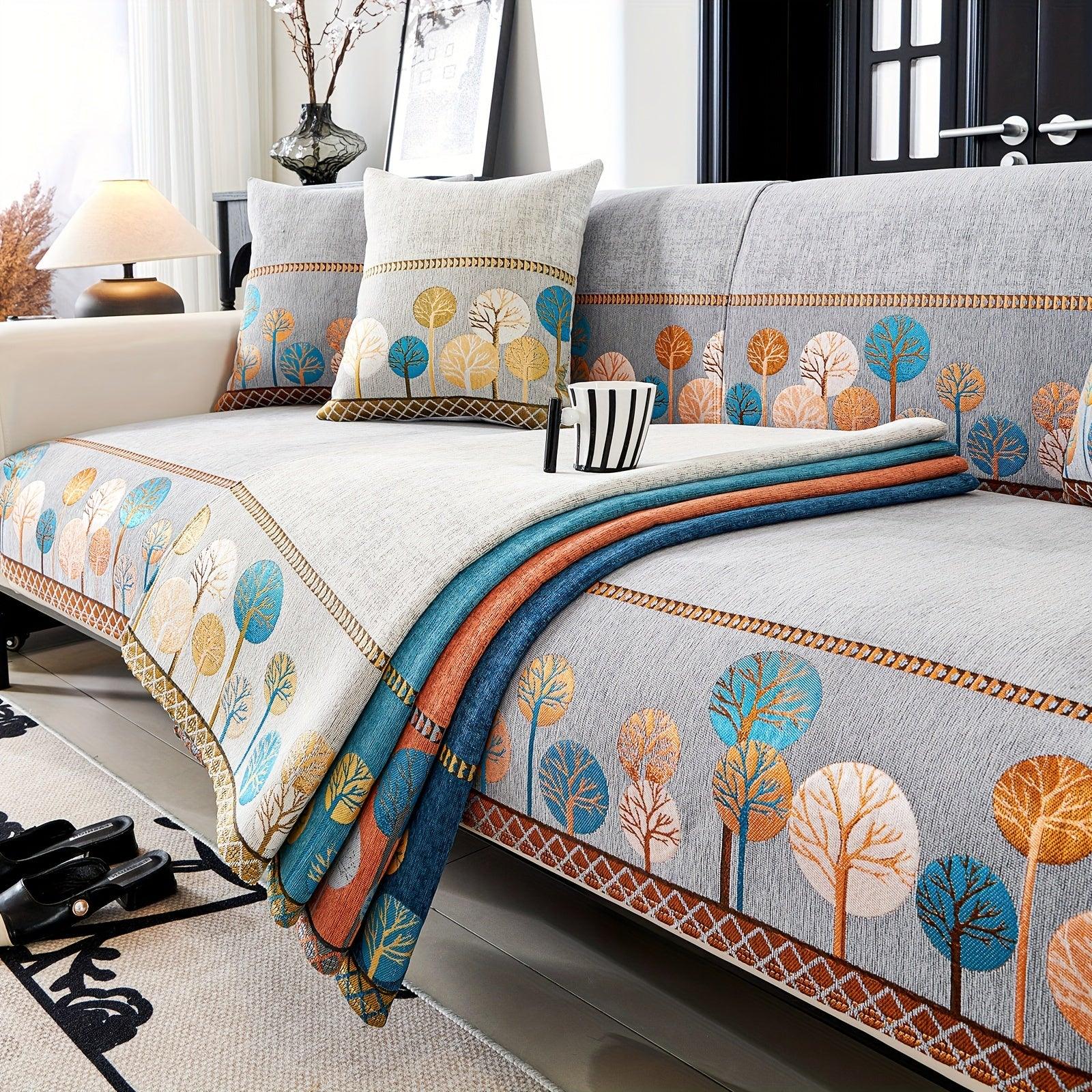 Boho Thick Chenille Fabric Sofa Cover with Tree Embroidery and Active Printing - topspet