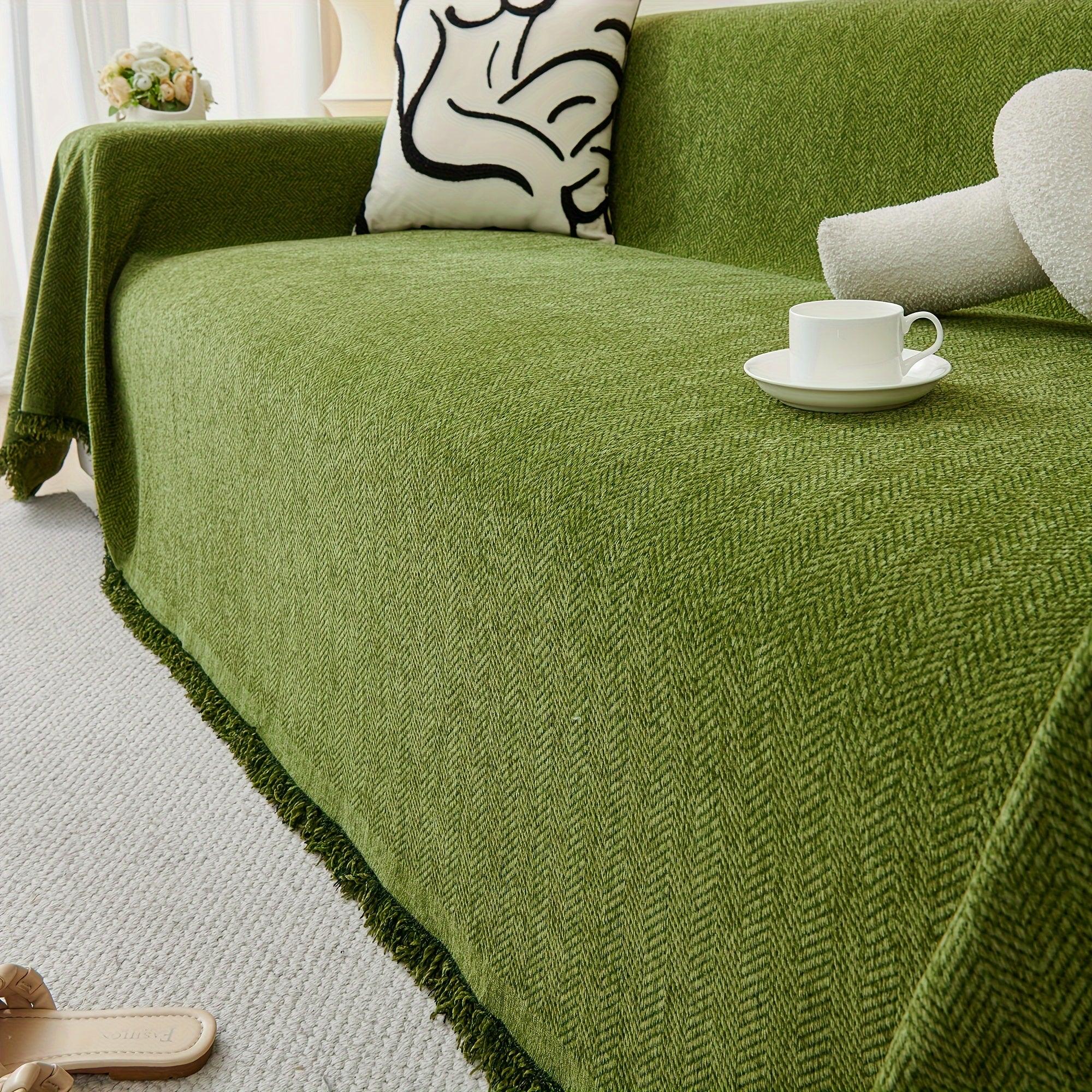 Classic Herringbone Chenille Sofa Throw Cover with Tassels - Machine Washable, Pet Friendly - topspet