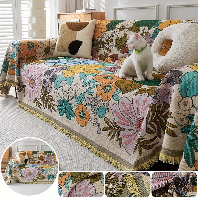 Classic Floral Pattern Sofa Throw Cover with Tassels, Washable Non-slip Multi-functional Pet-Friendly Furniture Protector for Armchairs to 4-Seater Sofas - Polyester, 350-400gsm, Season-Universal - topspet