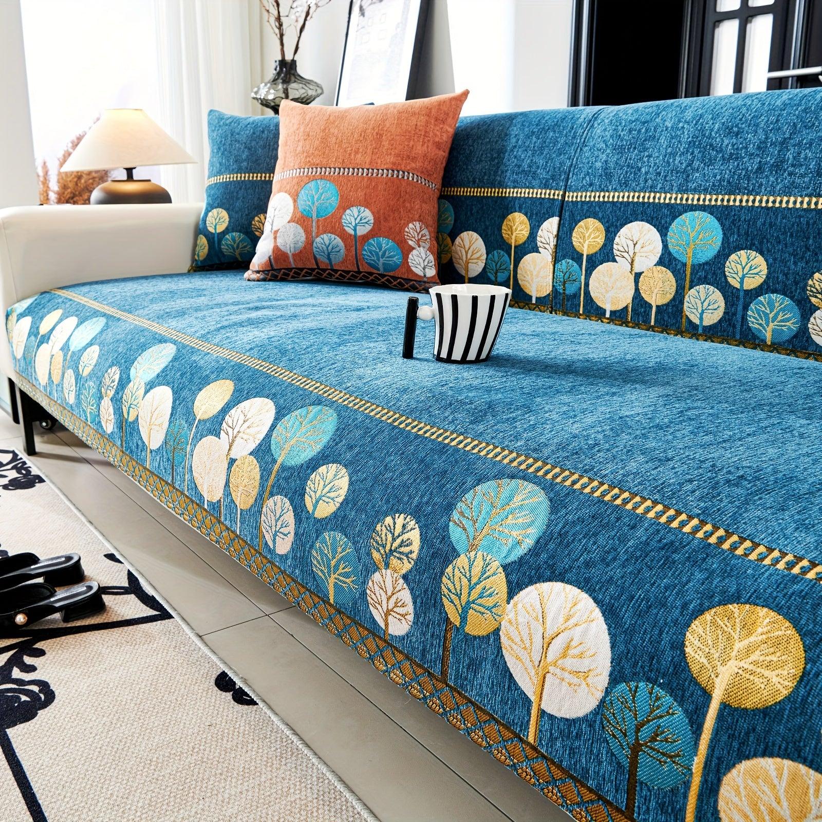 Boho Thick Chenille Fabric Sofa Cover with Tree Embroidery and Active Printing - topspet