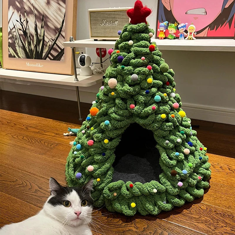 DIY Christmas Tree Cat Nest Homemade Cathouse - topspet