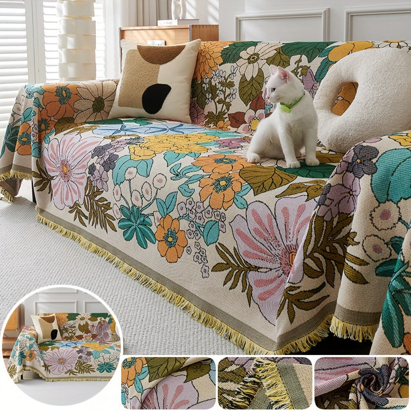 Classic Floral Pattern Sofa Throw Cover with Tassels, Washable Non-slip Multi-functional Pet-Friendly Furniture Protector for Armchairs to 4-Seater Sofas - Polyester, 350-400gsm, Season-Universal